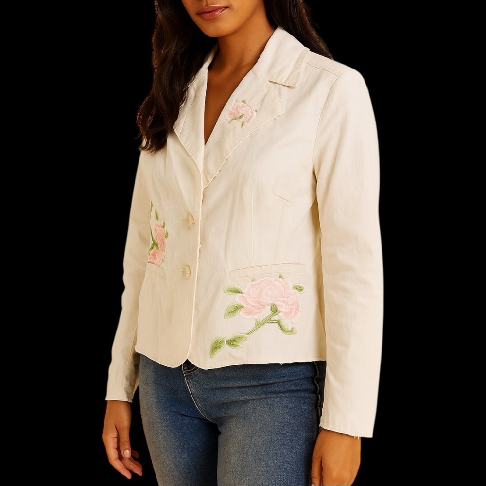 LULUMARI Jacket Womens Large Beige Cotton Embroidered Flowers